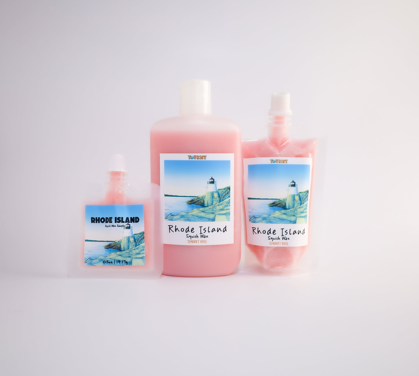 Three squish wax sizes of Rhode Island with scenic labels on a white background