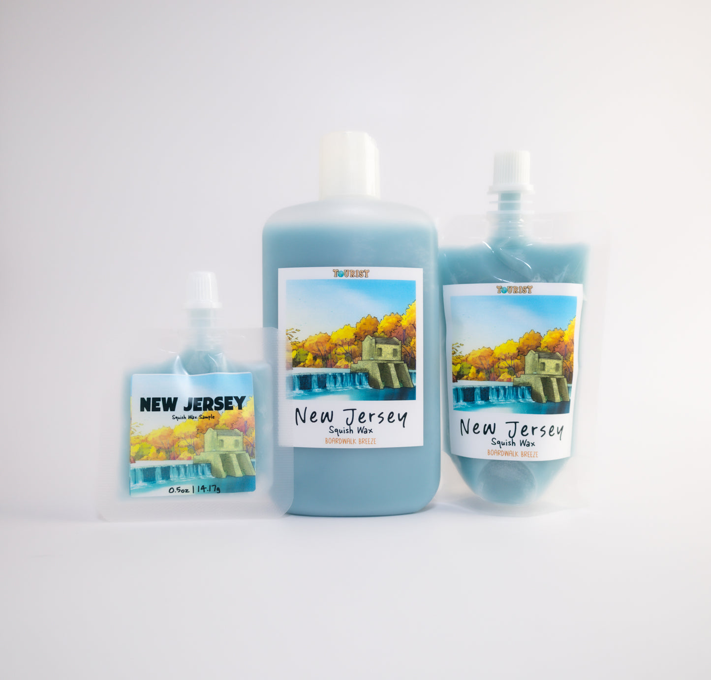 Three New Jersey-themed squish wax sized products on a white background