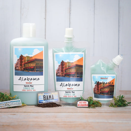 Alabama Squish Wax set featuring Cypress Tide scent, includes three sizes in sleek green packaging.