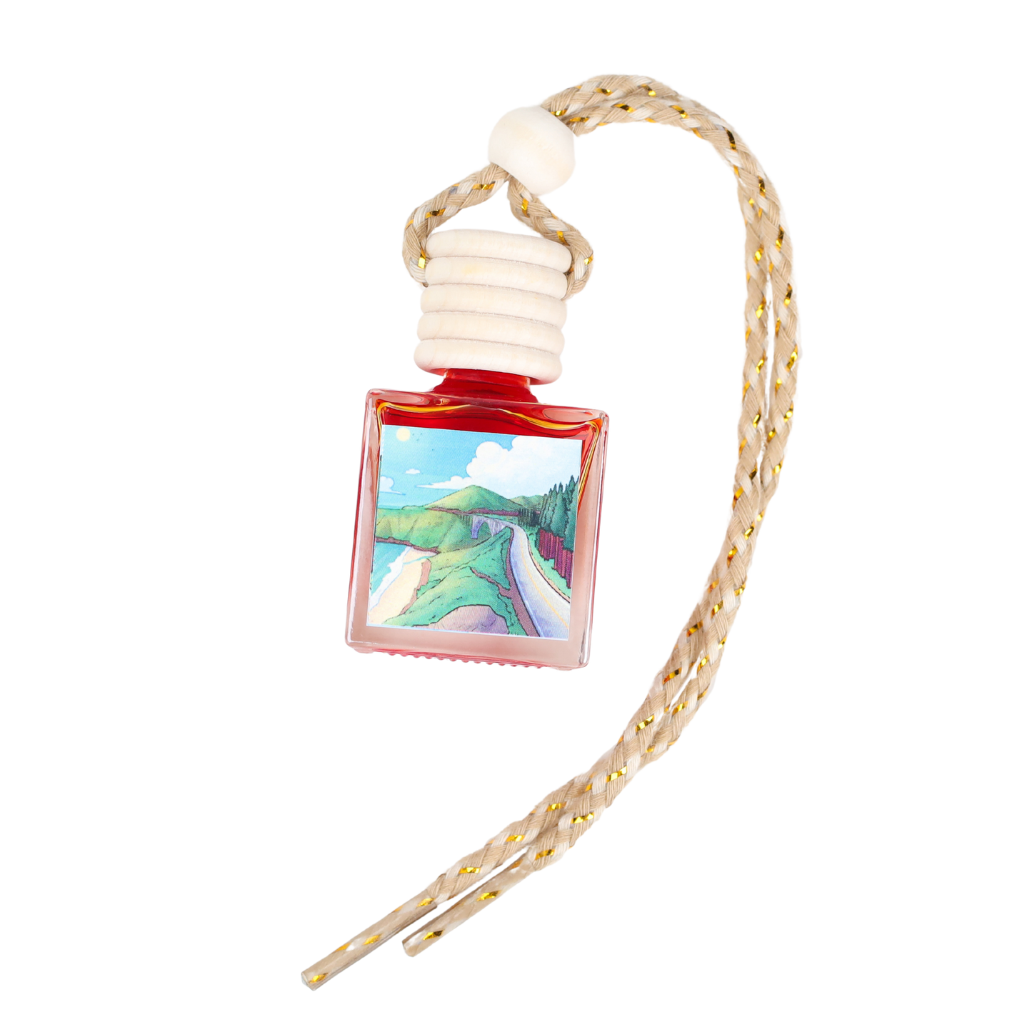 Handcrafted red glass car scent diffuser with scenic design, braided cord, and ceramic bead.