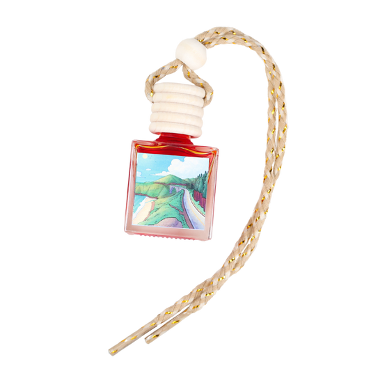 Handcrafted red glass car scent diffuser with scenic design, braided cord, and ceramic bead.