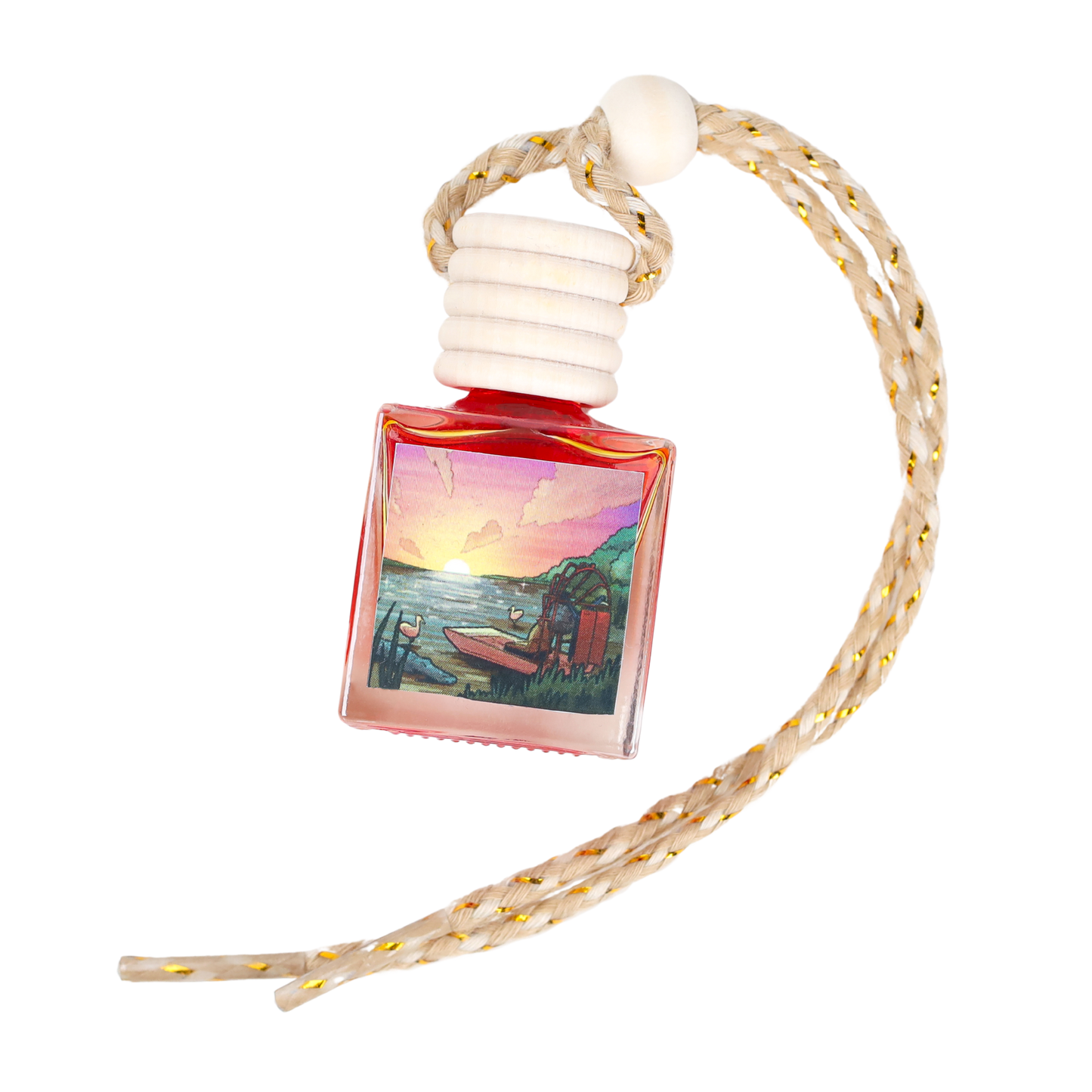 Sunset-themed car air freshener in a pink glass bottle with a braided cord, perfect for a relaxing atmosphere.