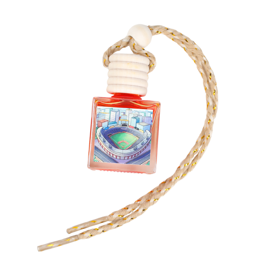 Sport-themed air freshener in a square container, featuring a baseball stadium design with a braided rope.