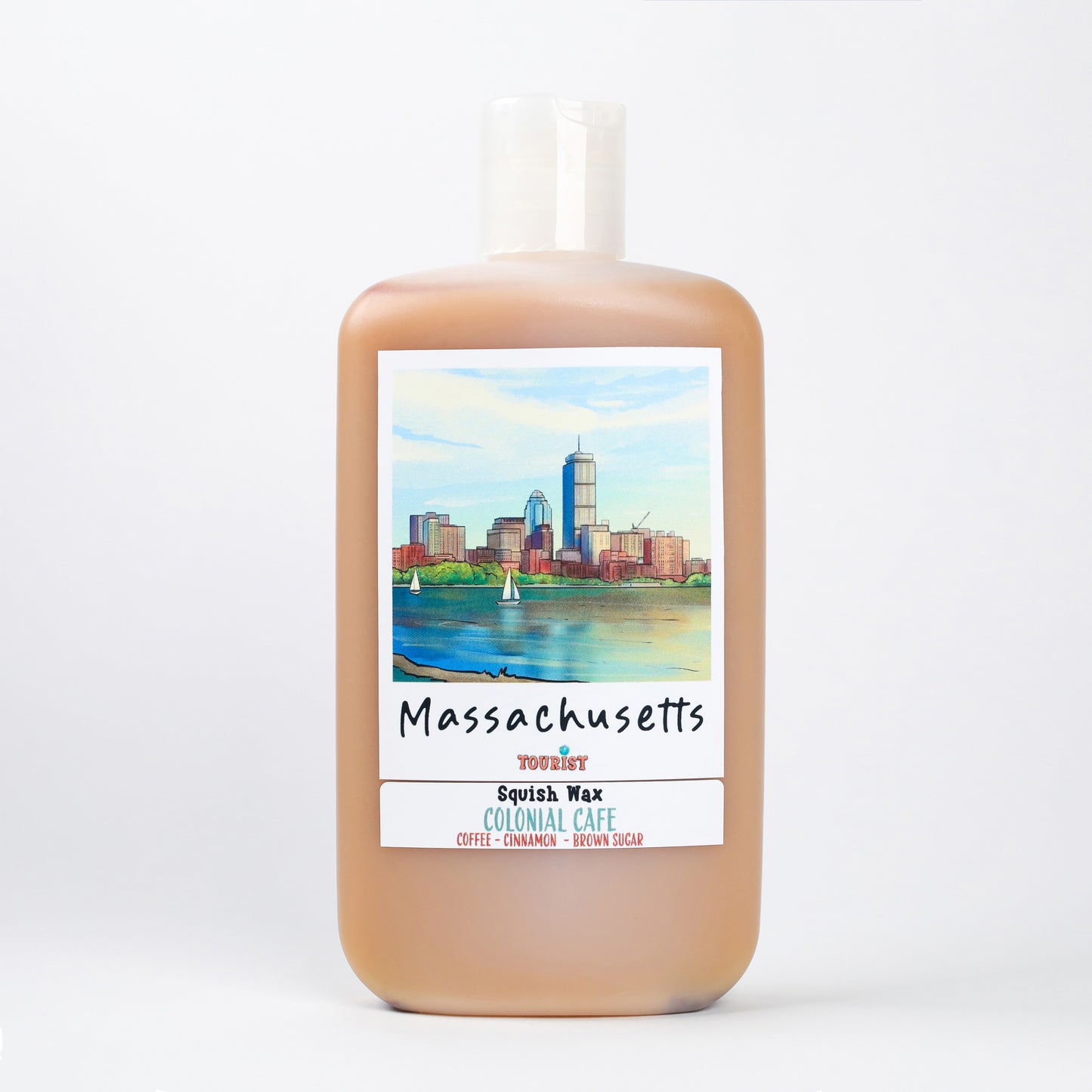 Massachusetts Squish Wax in 16 oz bottle, featuring coffee, cinnamon, and brown sugar scent.