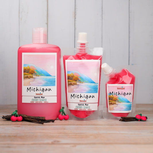 Michigan Cherry Sunrise Squish Wax set, pink, featuring cherry, honeysuckle, and vanilla scents.