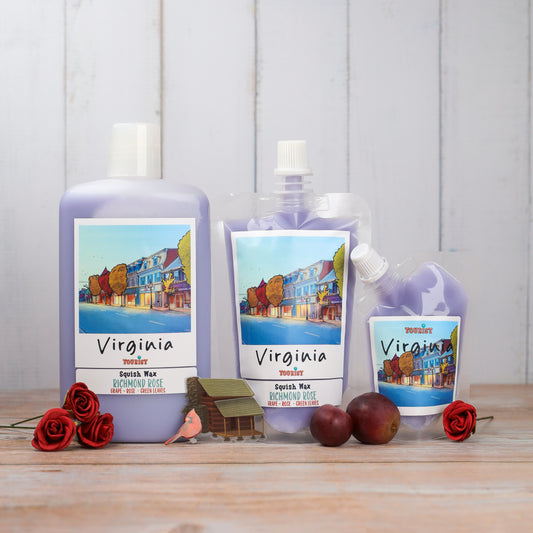 Virginia Squish Wax in Richmond Rose, lavender color, featuring grape, rose, and green leaves scents.