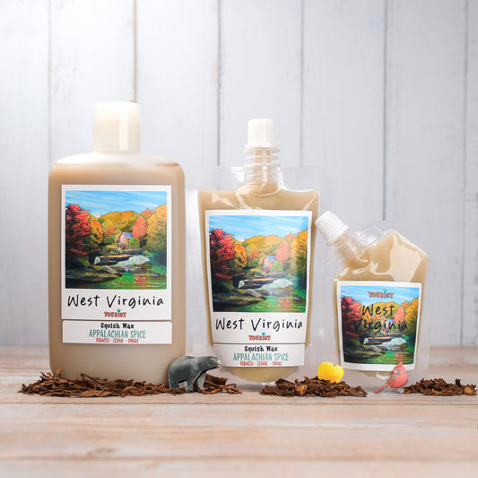 West Virginia Squish Wax set in Appalachian Spice, tobacco and cedar scent, available in three sizes.
