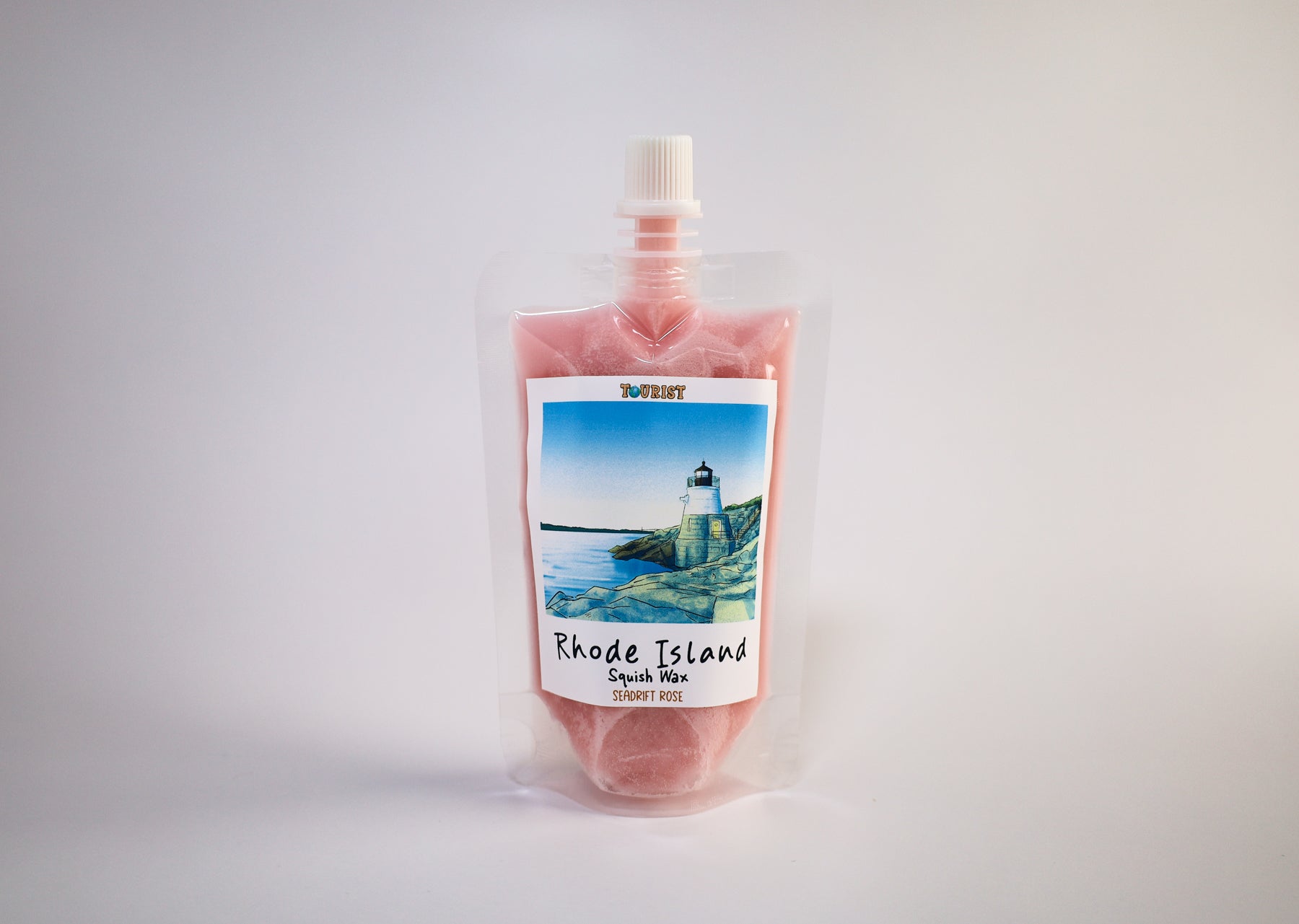 Pink squish wax package with Rhode Island label on a gray background