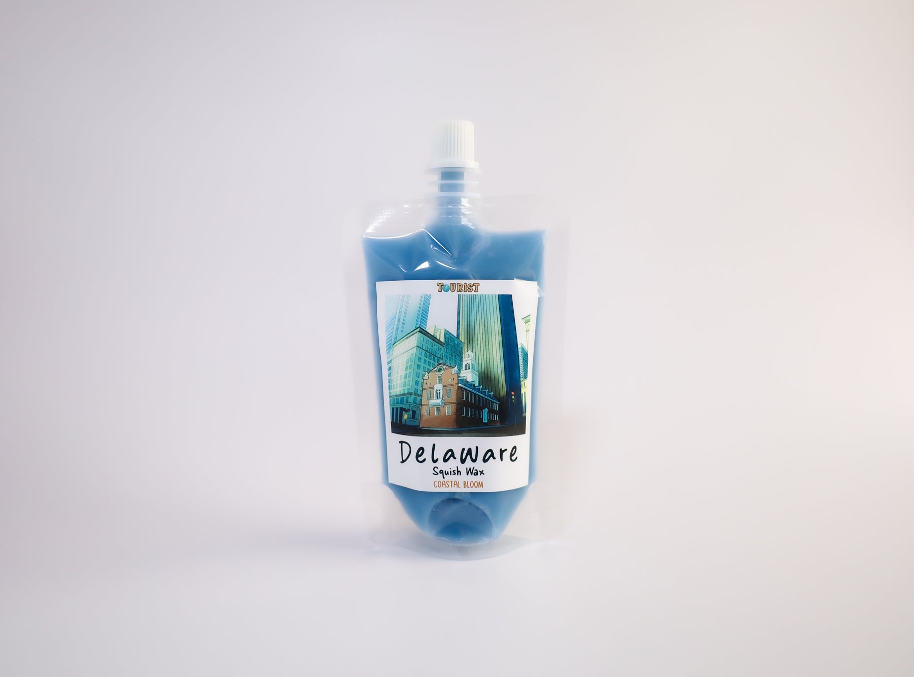 Squish wax pouch with a Delaware scenic label on a white background