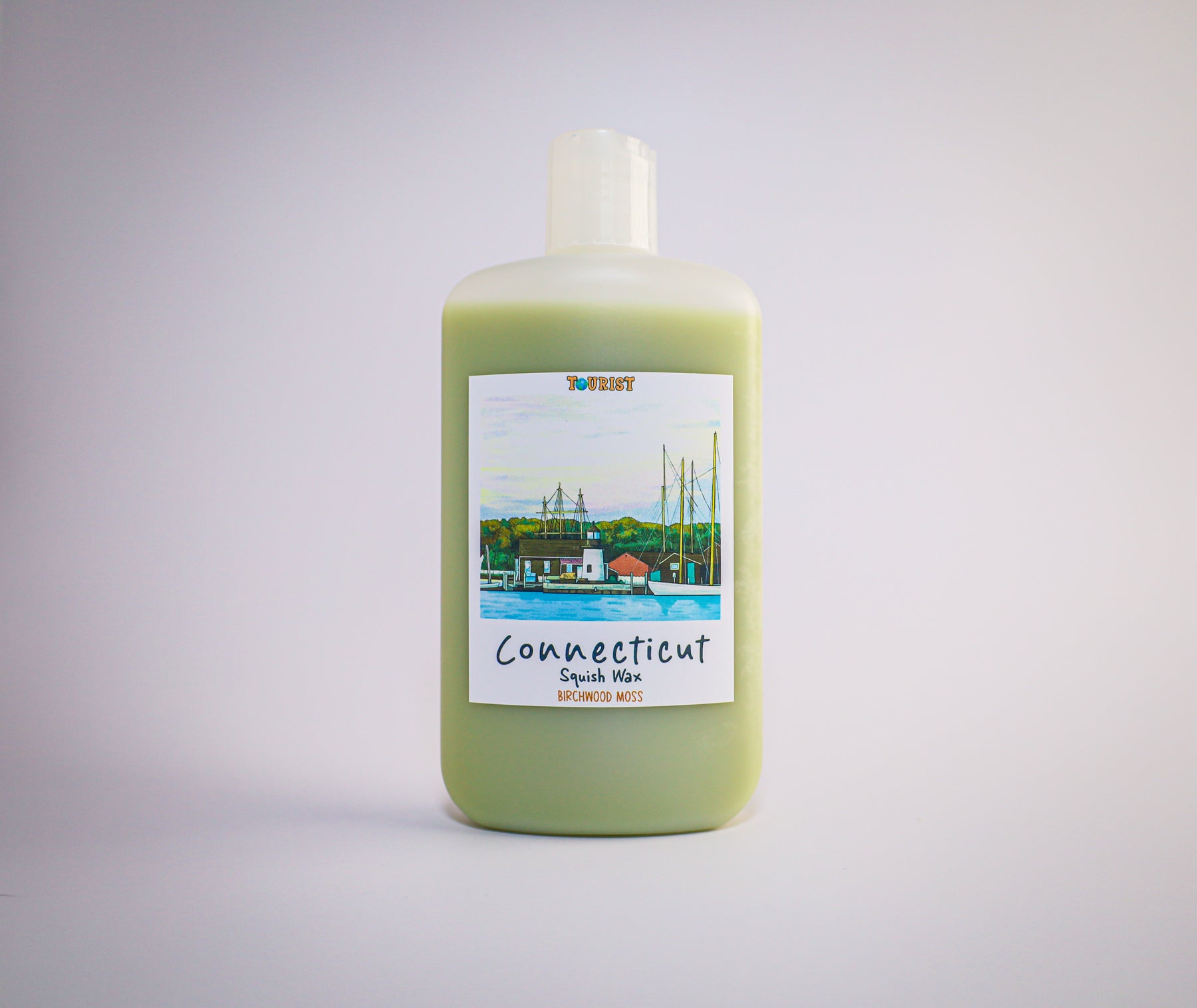 Bottle of Connecticut Squish Wax with a scenic label on a light gray background