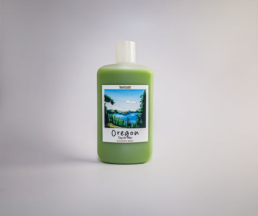 Oregon Squish wax bottle with a label featuring a scenic view of Oregon on a gray background