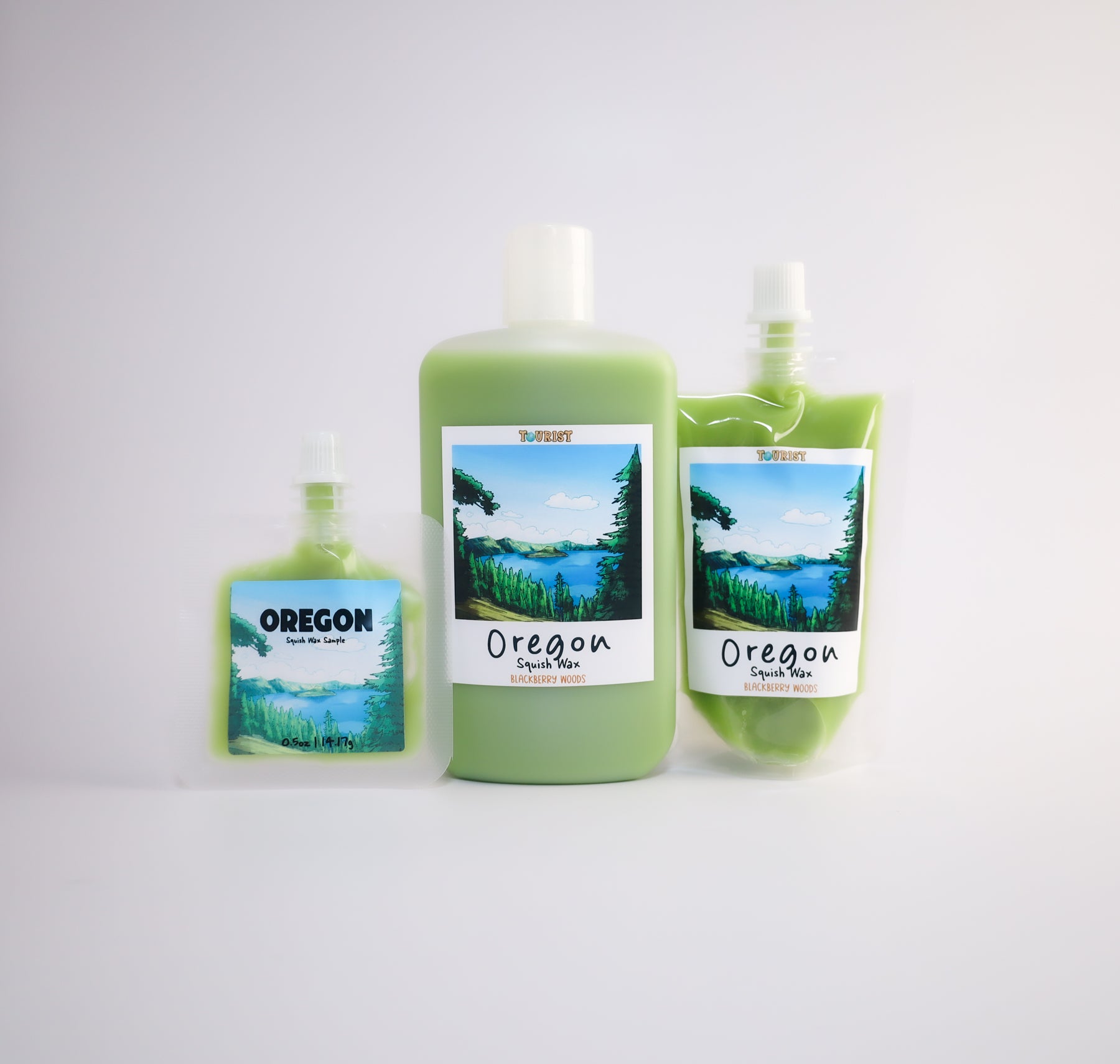 Three sizes of squish wax with 'Oregon' labels on a white background
