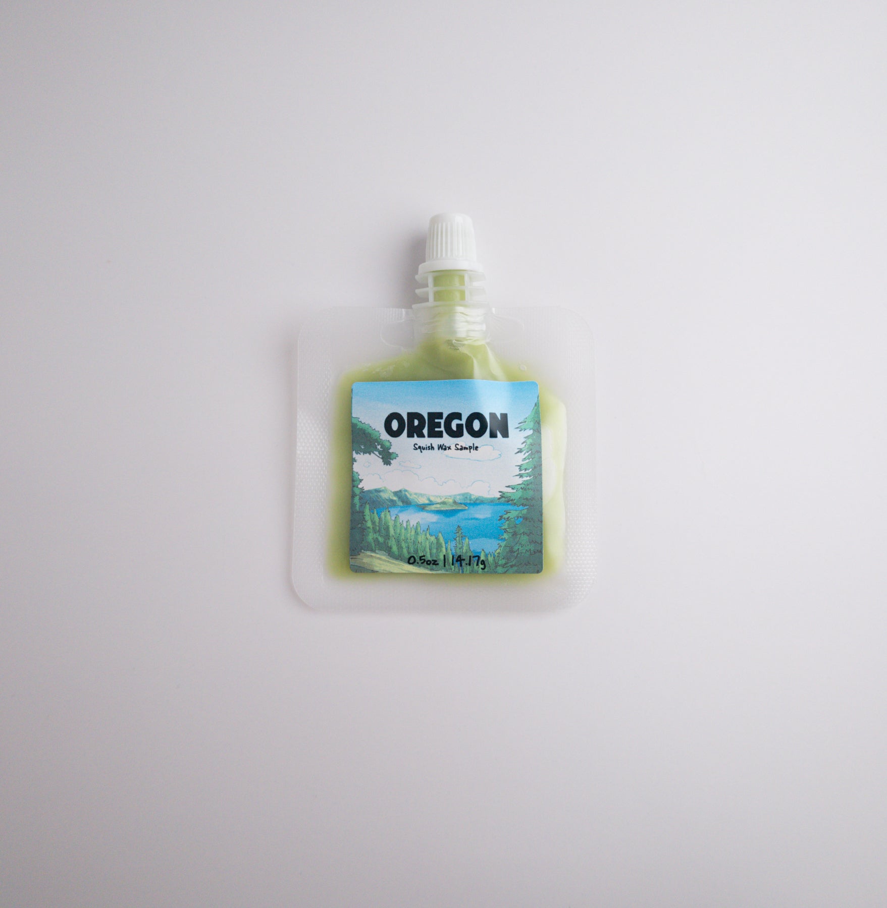 Small sample pouch with a label featuring 'Oregon' on a light gray background