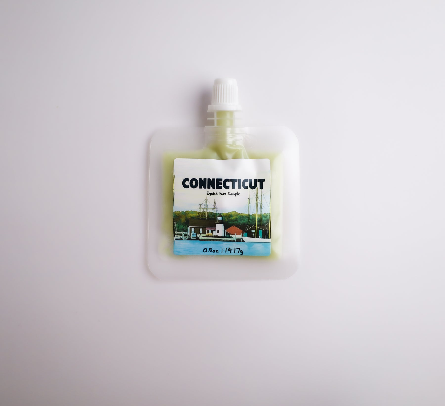Small pouch with a Connecticut-themed label on a light gray background