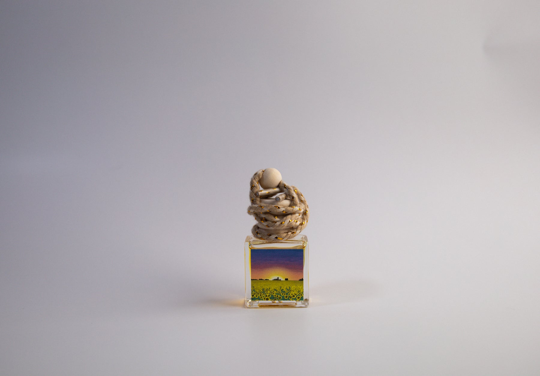 Small decorative Kansas themed car freshener in front of white background