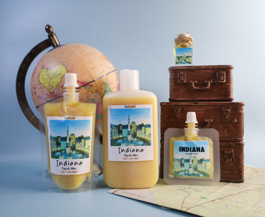 Squeeze wax sizes labeled 'Indiana' with a globe and suitcases in the background on a map.