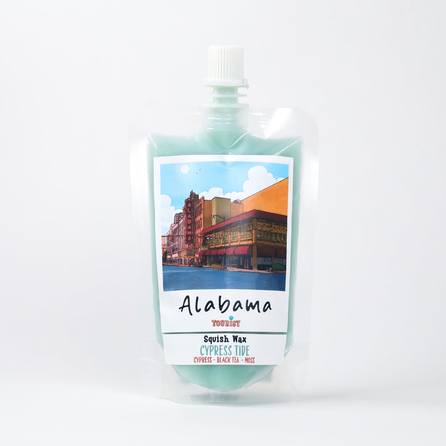 Cypress Tide Squish Wax in mint green pouch with Alabama artwork; features scents of cypress, black tea, moss.