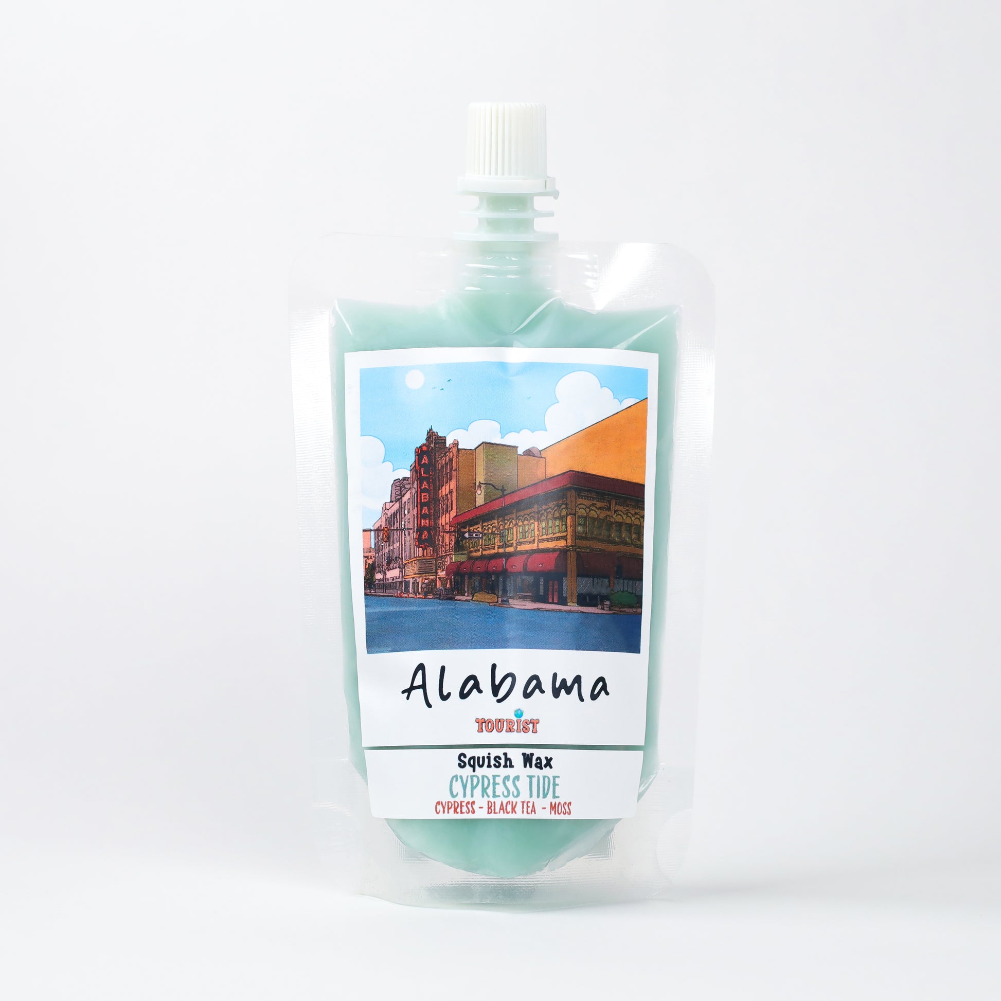 Cypress Tide Squish Wax in mint green pouch with Alabama artwork; features scents of cypress, black tea, moss.