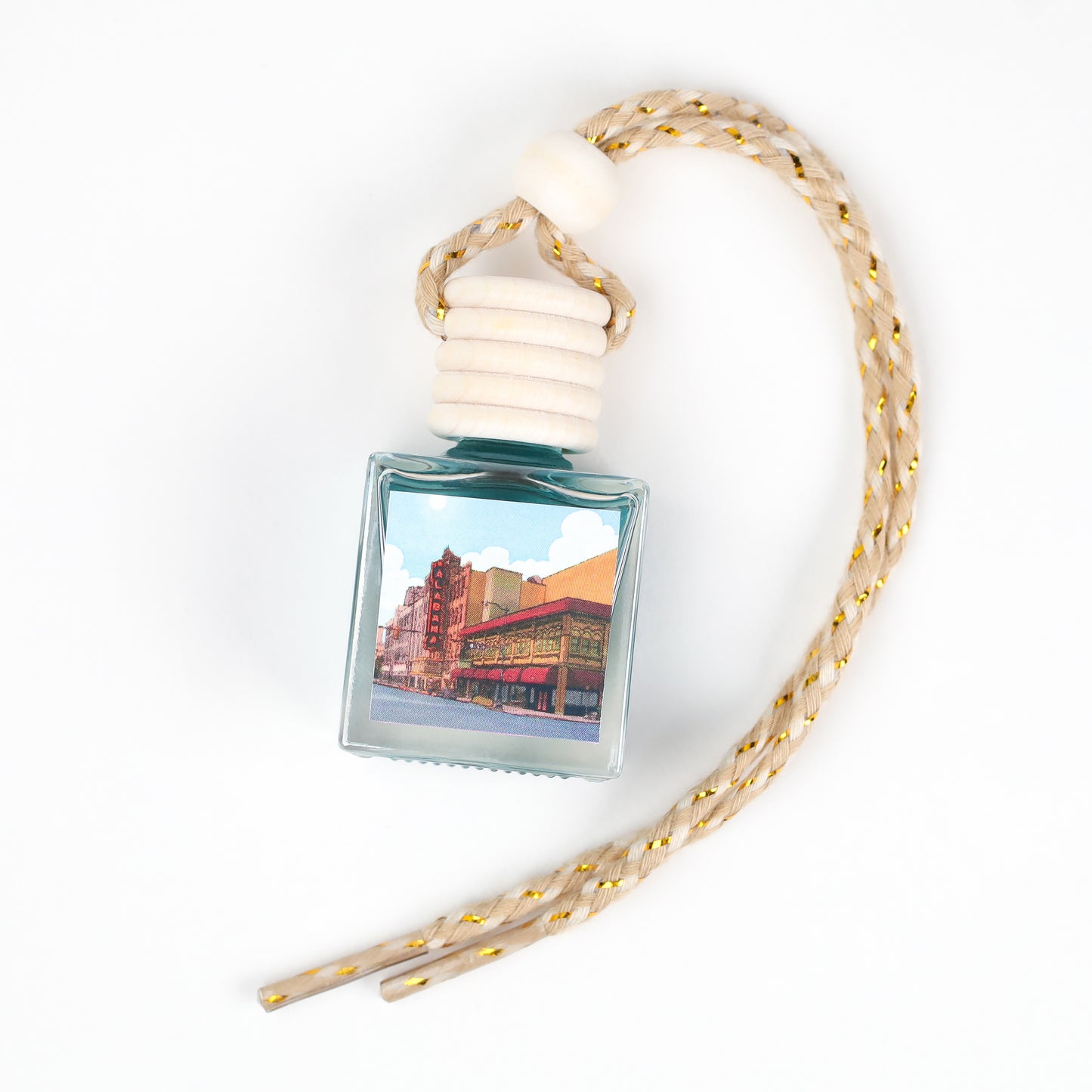 Blue glass car air freshener with wooden pendant and vintage cityscape design