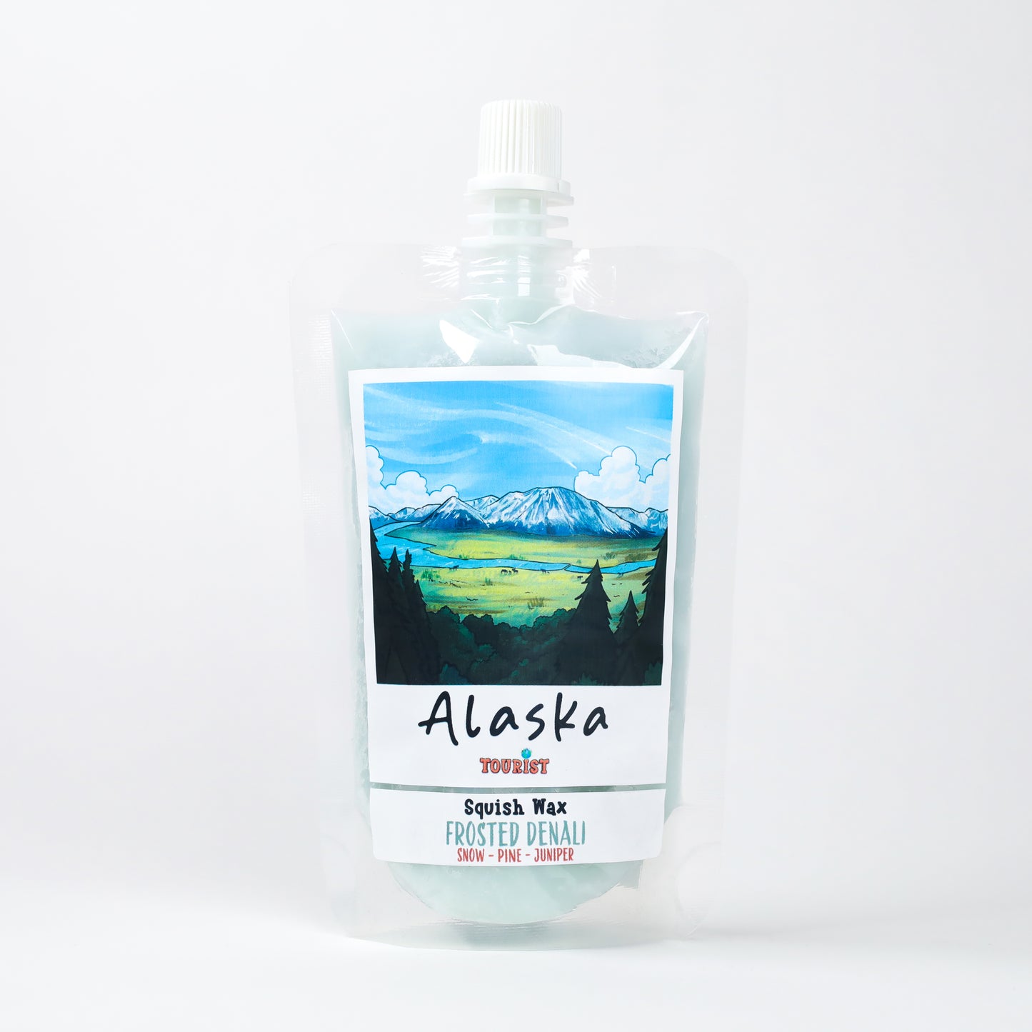 Squish Wax in Frosted Denali, featuring snow, pine, and juniper scents; packaged in a clear pouch.