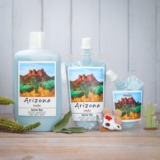 Arizona Squish Wax set featuring Desert Whispers fragrance, in blue packaging with cactus artwork.