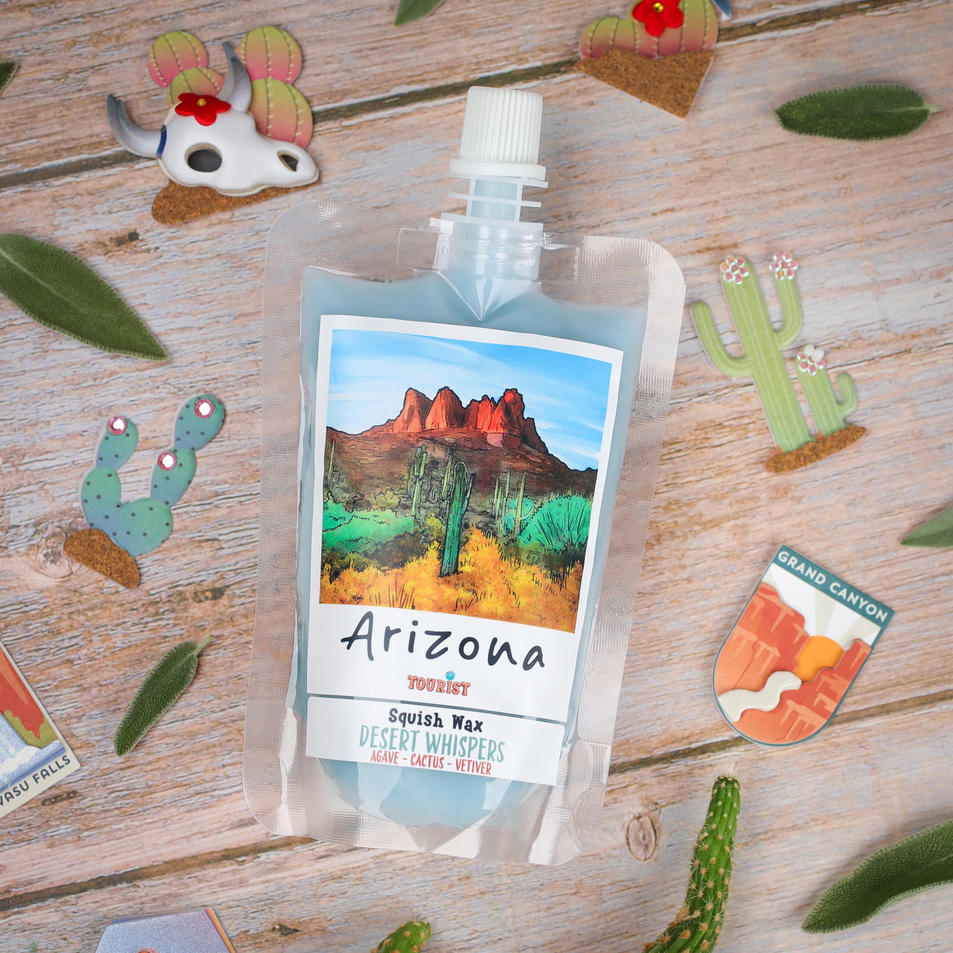 Arizona Squish Wax in a pouch, featuring Desert Whispers scent with agave, cactus, and vetiver notes.