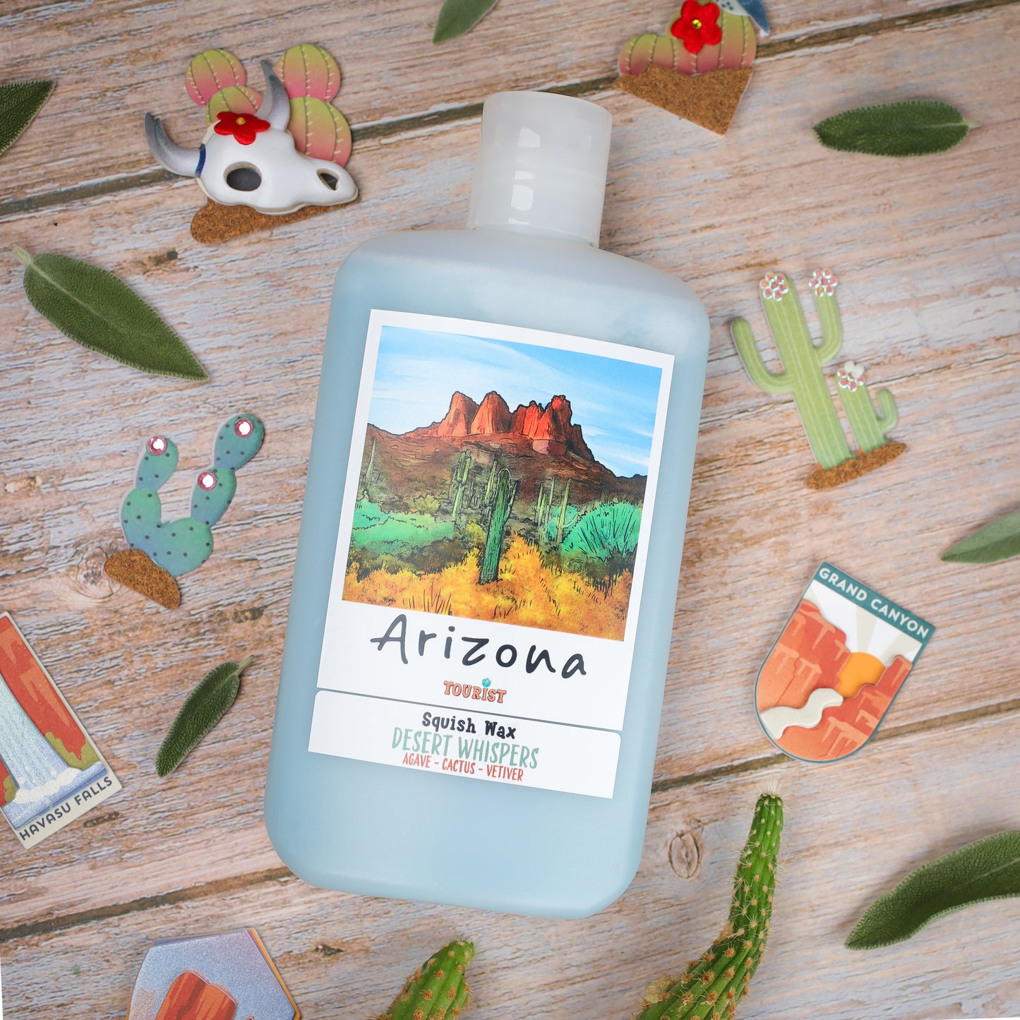 Arizona Squish Wax in blue bottle, Desert Whispers scent with agave, cactus, and vetiver notes.