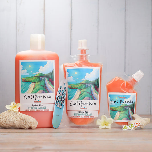California Squish Wax in Redwood Orchard scent, vibrant orange, featuring eco-friendly packaging.