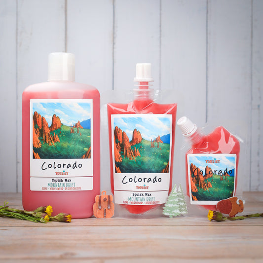 Colorado Mountain Drift Squish Wax set in pink, featuring three sizes and nature-inspired packaging.