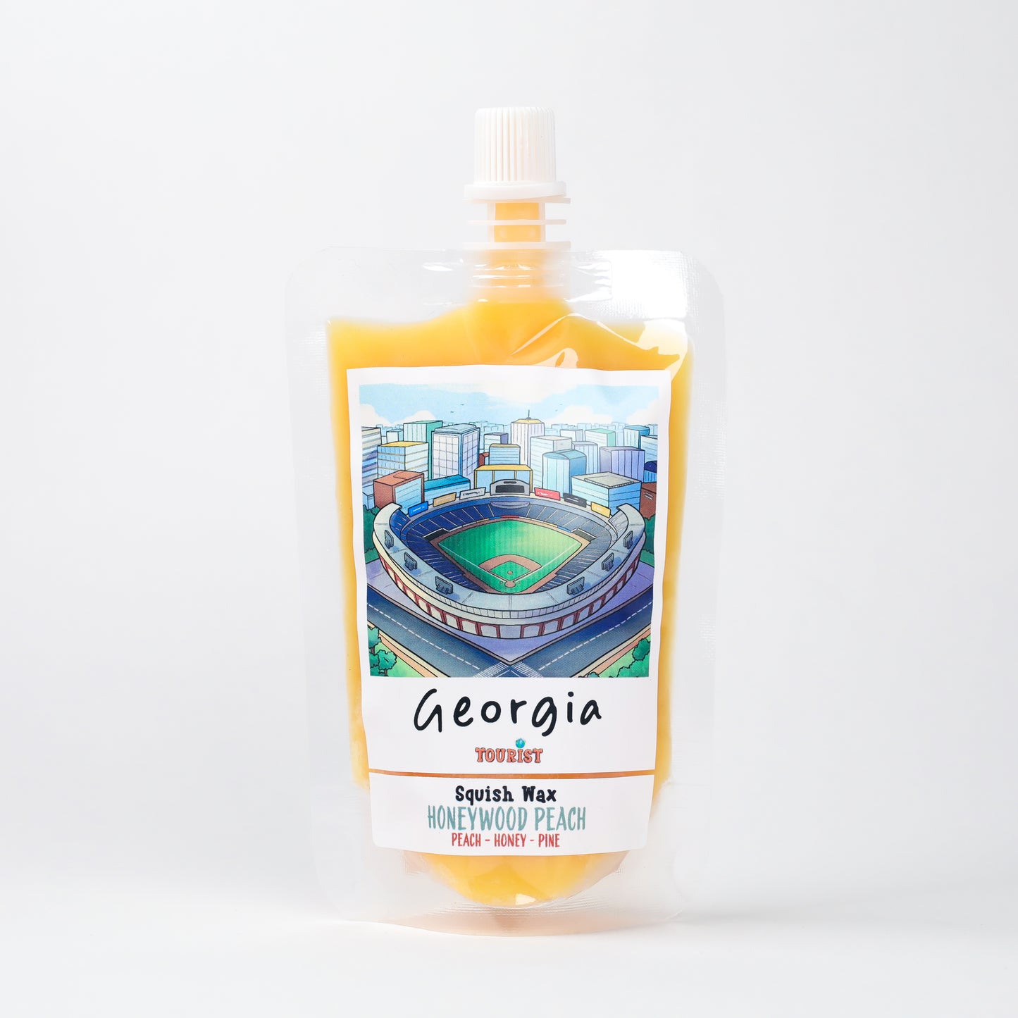 Georgia Squish Wax in Honeywood Peach flavor, featuring peach, honey, and pine notes, packaged in a vibrant pouch.