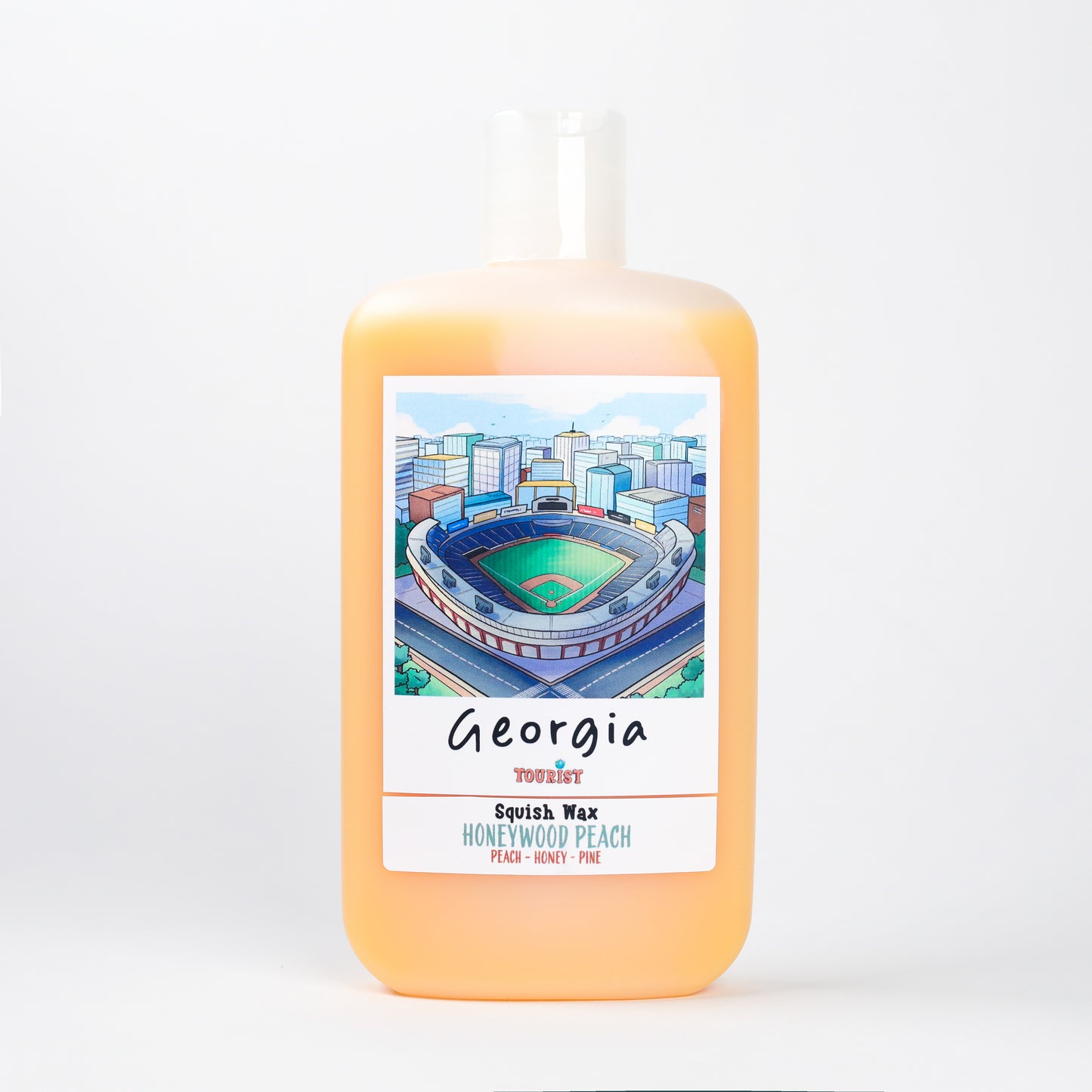 Georgia Squish Wax, Honeywood Peach scent, orange bottle with baseball stadium design, 8 oz.