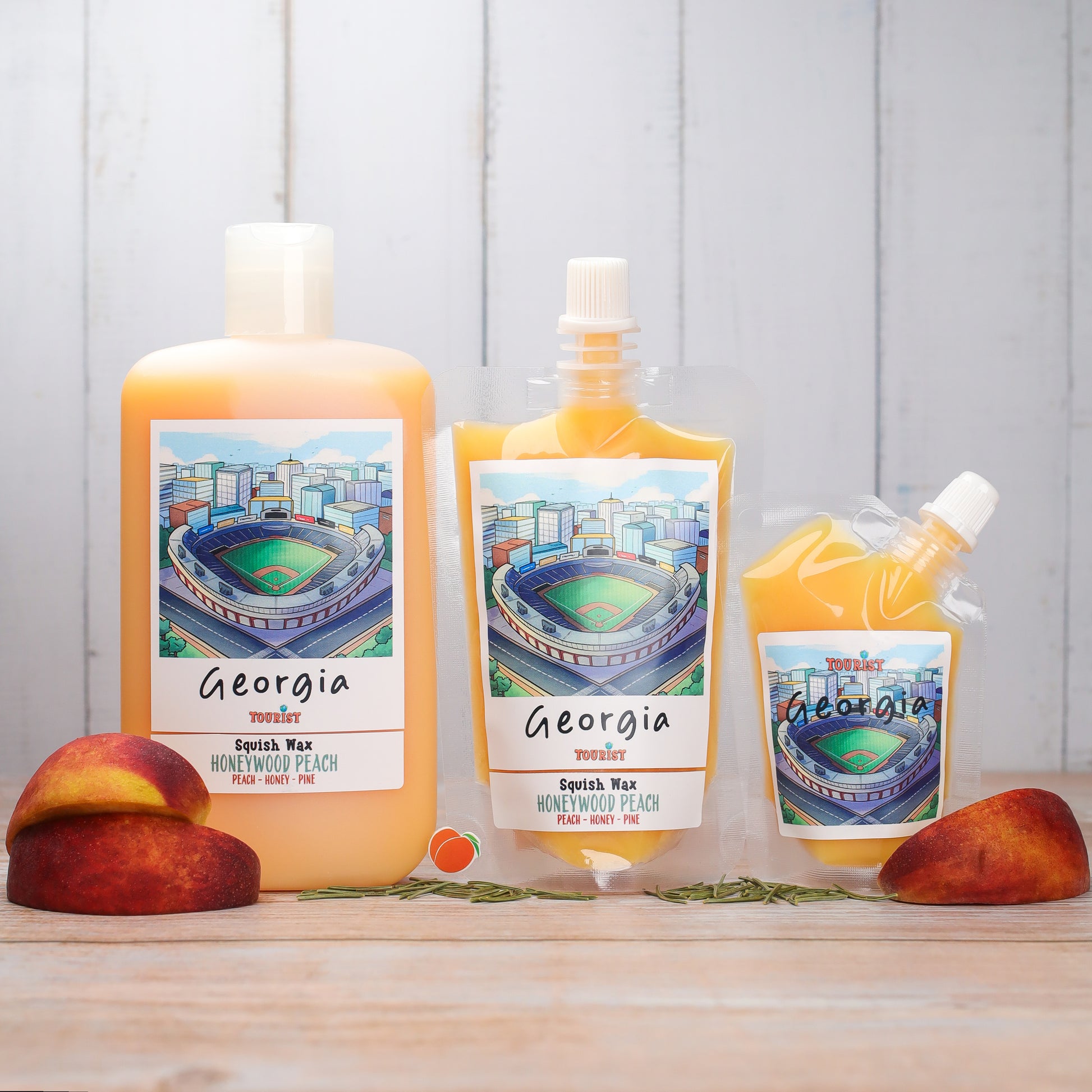 Georgia Squish Wax in Honeywood Peach scent, featuring peach, honey, and pine notes. Three sizes displayed.