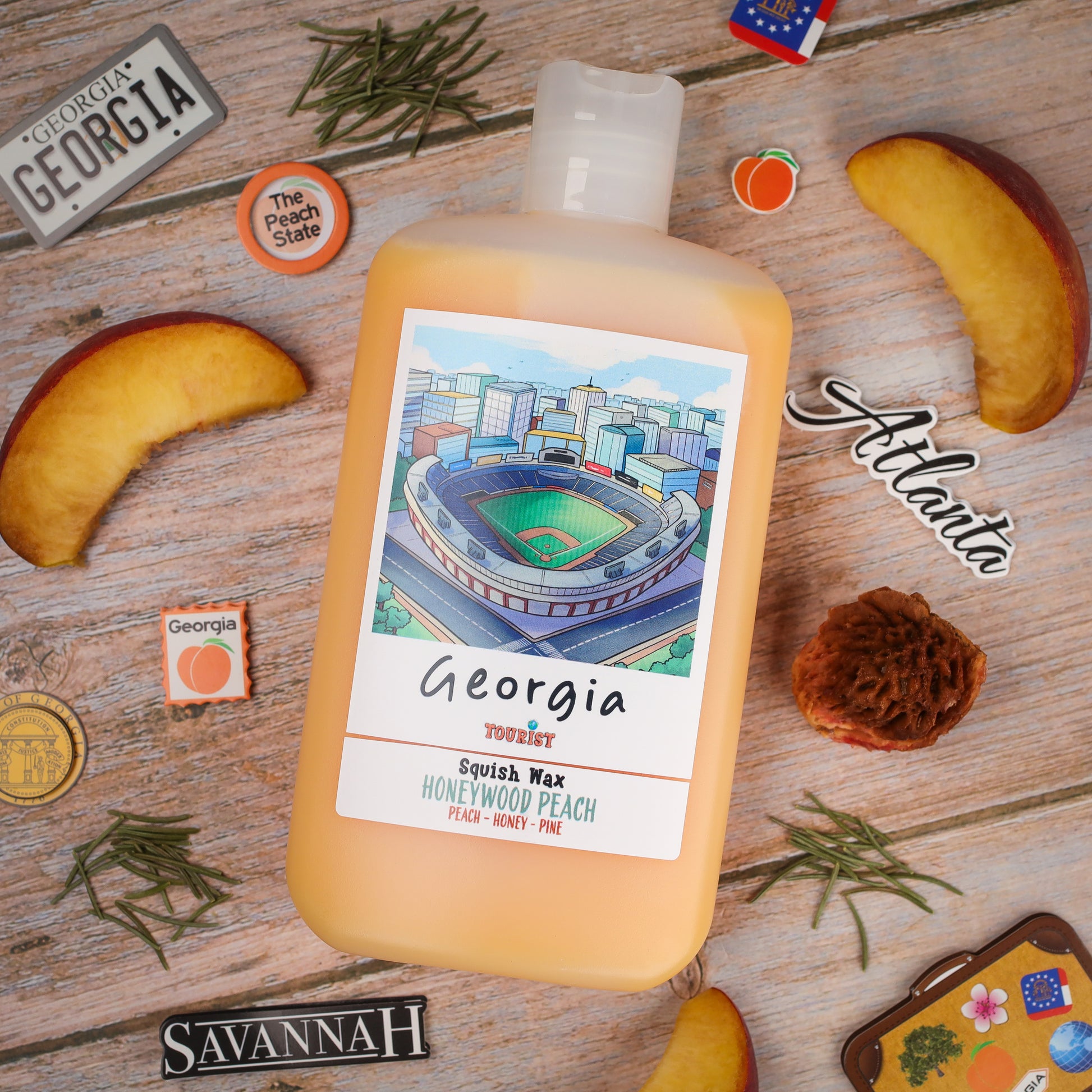 Squish Wax in Honeywood Peach scent, featuring peach, honey, and pine notes, Georgia-themed packaging.