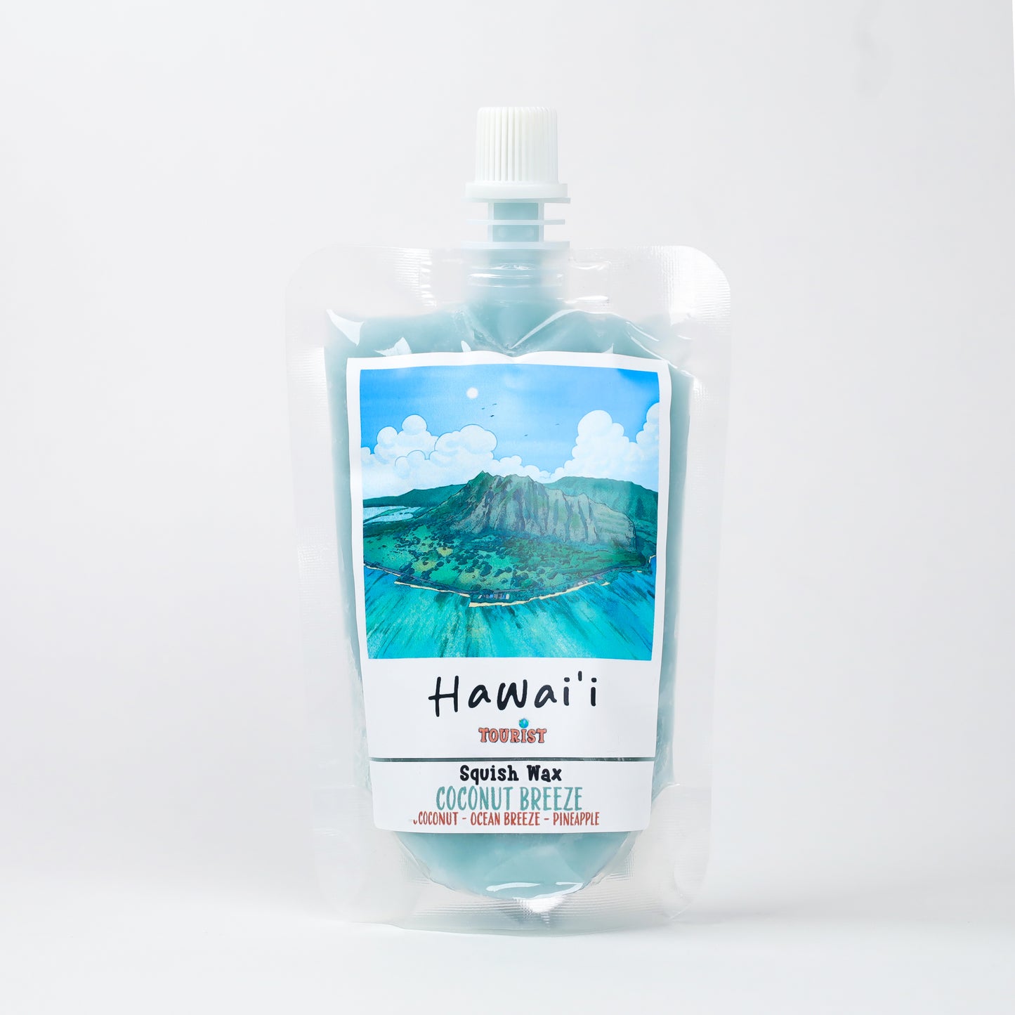 Hawaii Squish Wax in Coconut Breeze scent, blue pouch with tropical image, features coconut and pineapple.