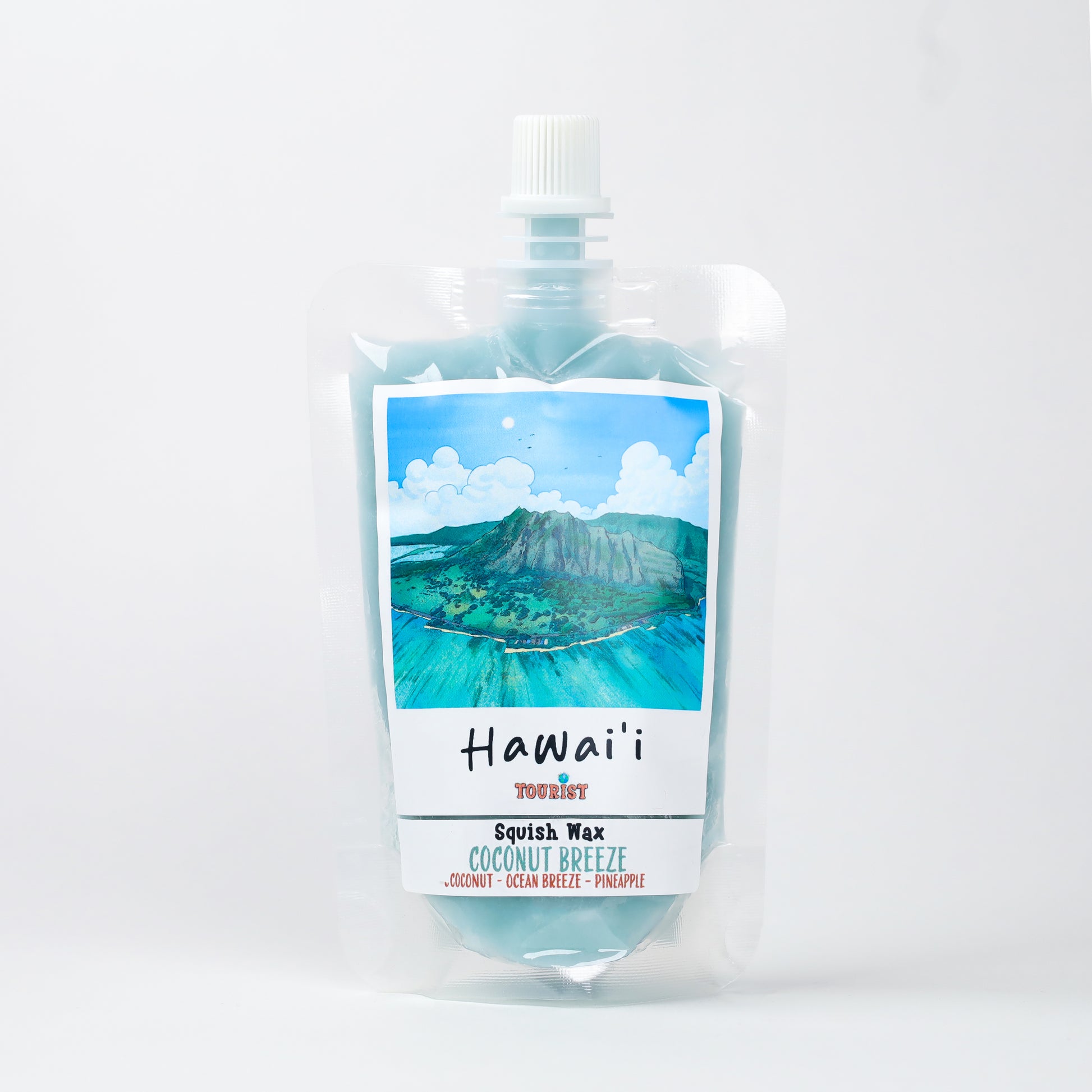 Hawaii Squish Wax in Coconut Breeze scent, blue pouch with tropical image, features coconut and pineapple.
