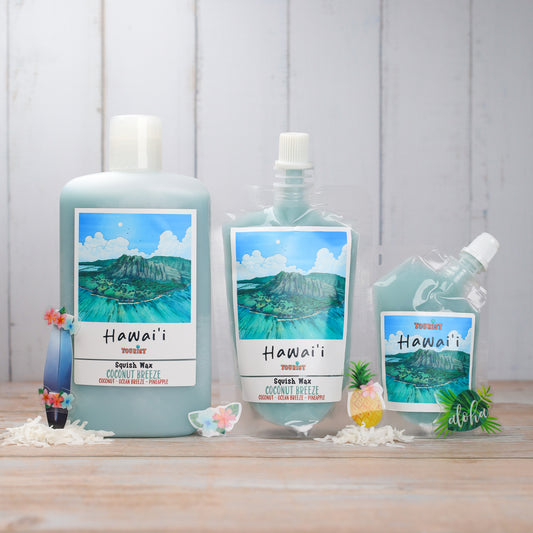 Hawaii Squish Wax in Coconut Breeze scent, available in three sizes, ocean-inspired packaging.