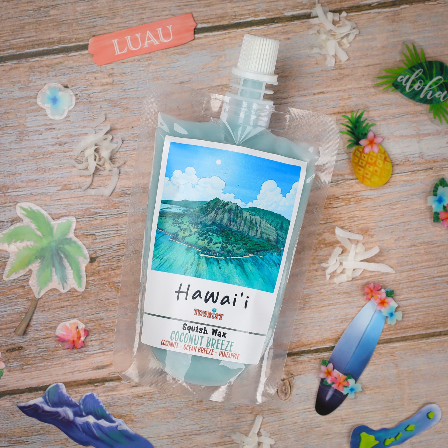 Hawaii Squish Wax coconut breeze scented pouch, tropical design with ocean and palm tree illustrations.