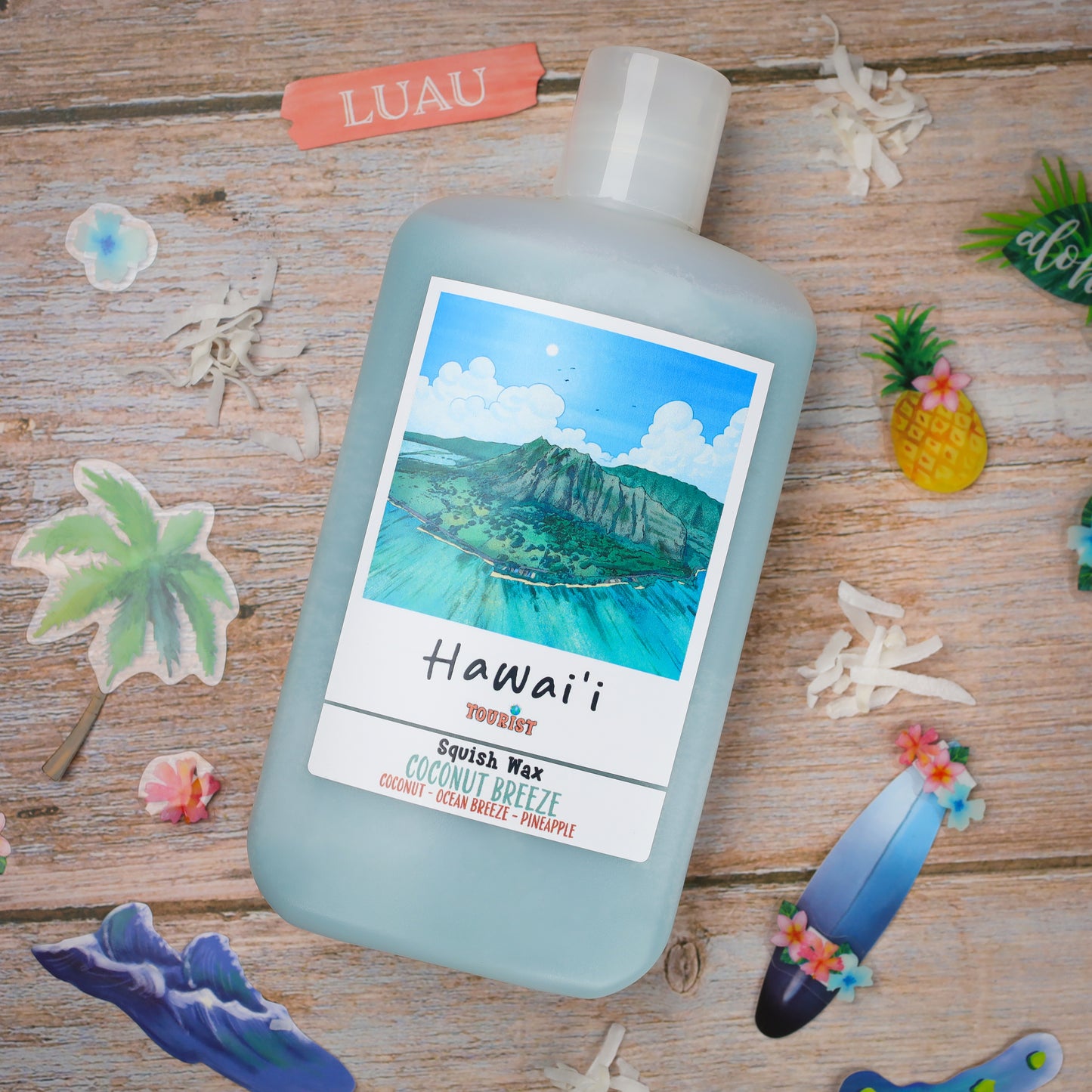 Hawaii Squish Wax Coconut Breeze in blue bottle, scented with coconut, ocean breeze, and pineapple.