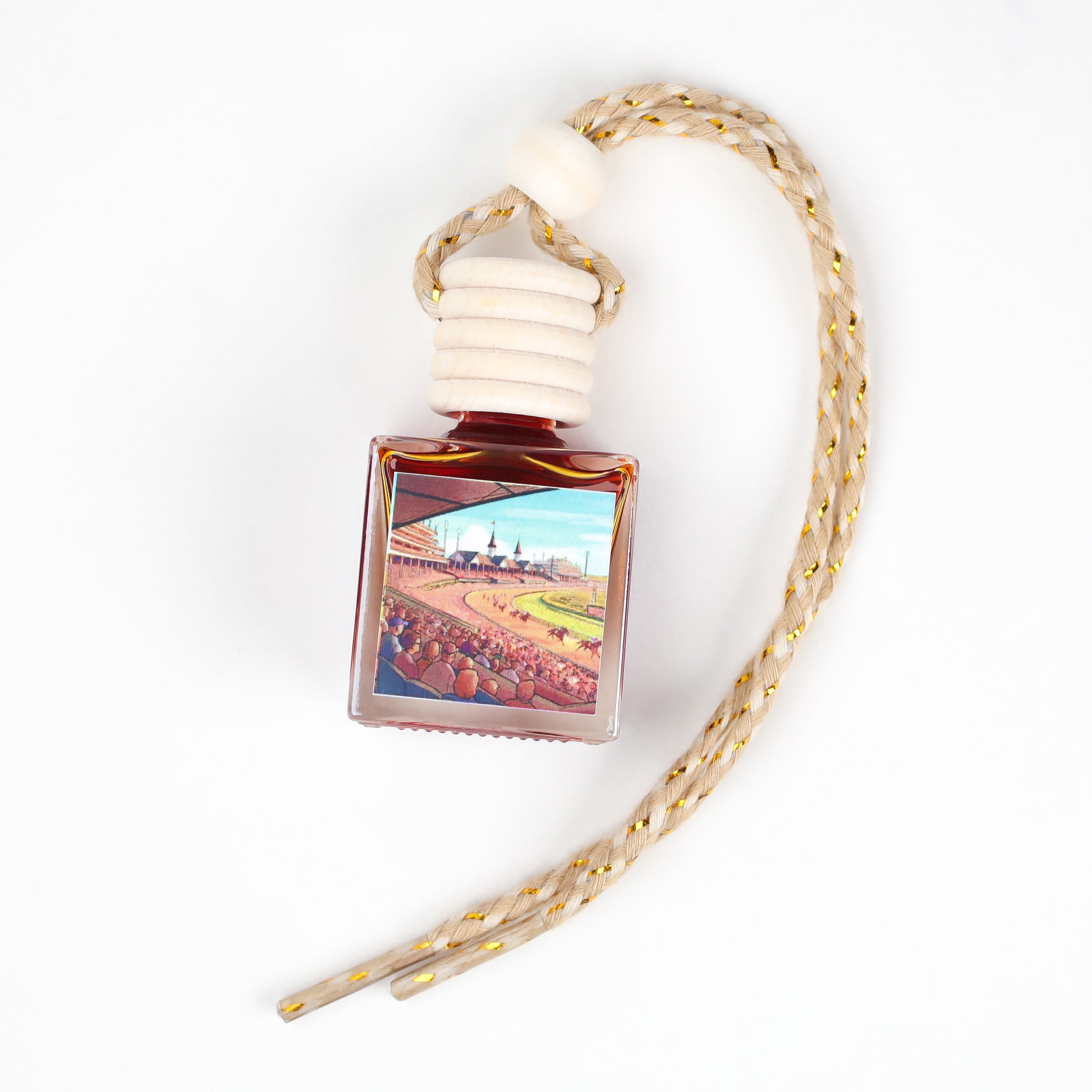 Colorful decorative bottle with a scenic horse race design, featuring a braided rope and wooden cap.