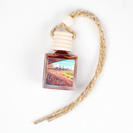 Colorful decorative bottle with a scenic horse race design, featuring a braided rope and wooden cap.