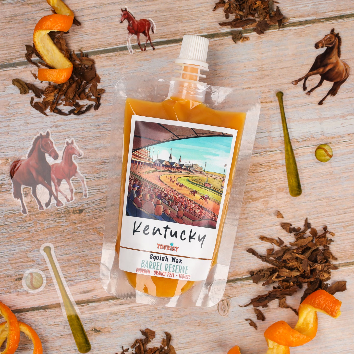 Squish Wax Barrel Preserve in Kentucky flavor; bourbon, orange peel, and tobacco blend in a stylish pouch.