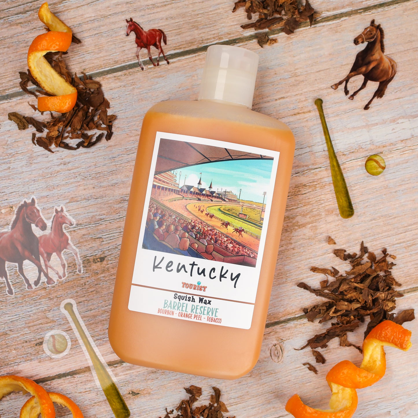 Kentucky Squish Wax Barrel Reserve, orange and bourbon scent, featuring tobacco and orange peel notes.