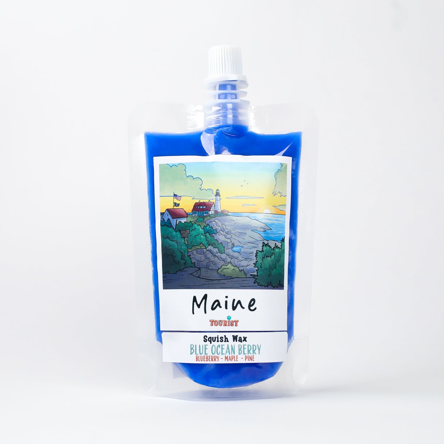 Blue ocean berry squish wax pouch featuring Maine lighthouse illustration, made with blueberry, maple, and pine.