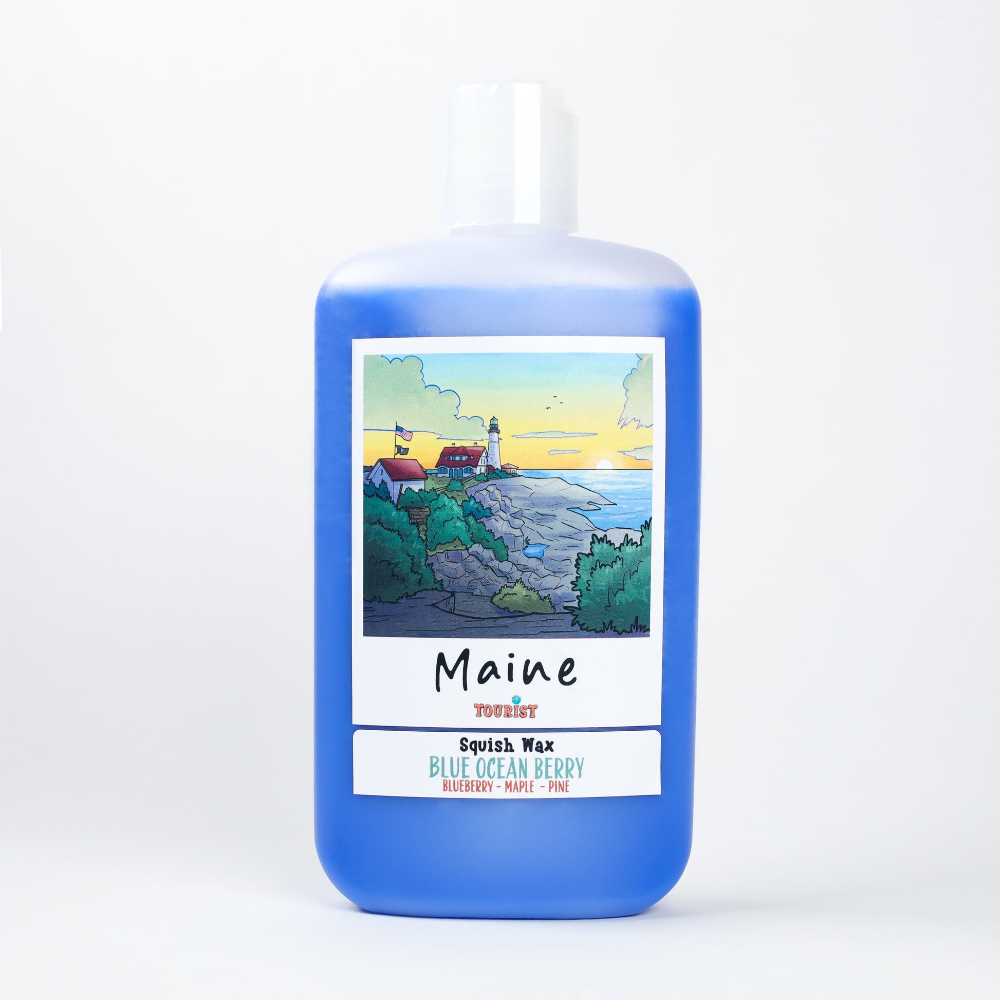 Maine Squish Wax in blue bottle, Blue Ocean Berry scent with blueberry, maple, and pine notes.
