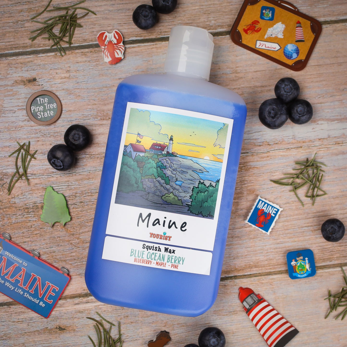 Blue Squish Wax from Maine, featuring Blue Ocean Berry scent with blueberry, maple, and pine notes.