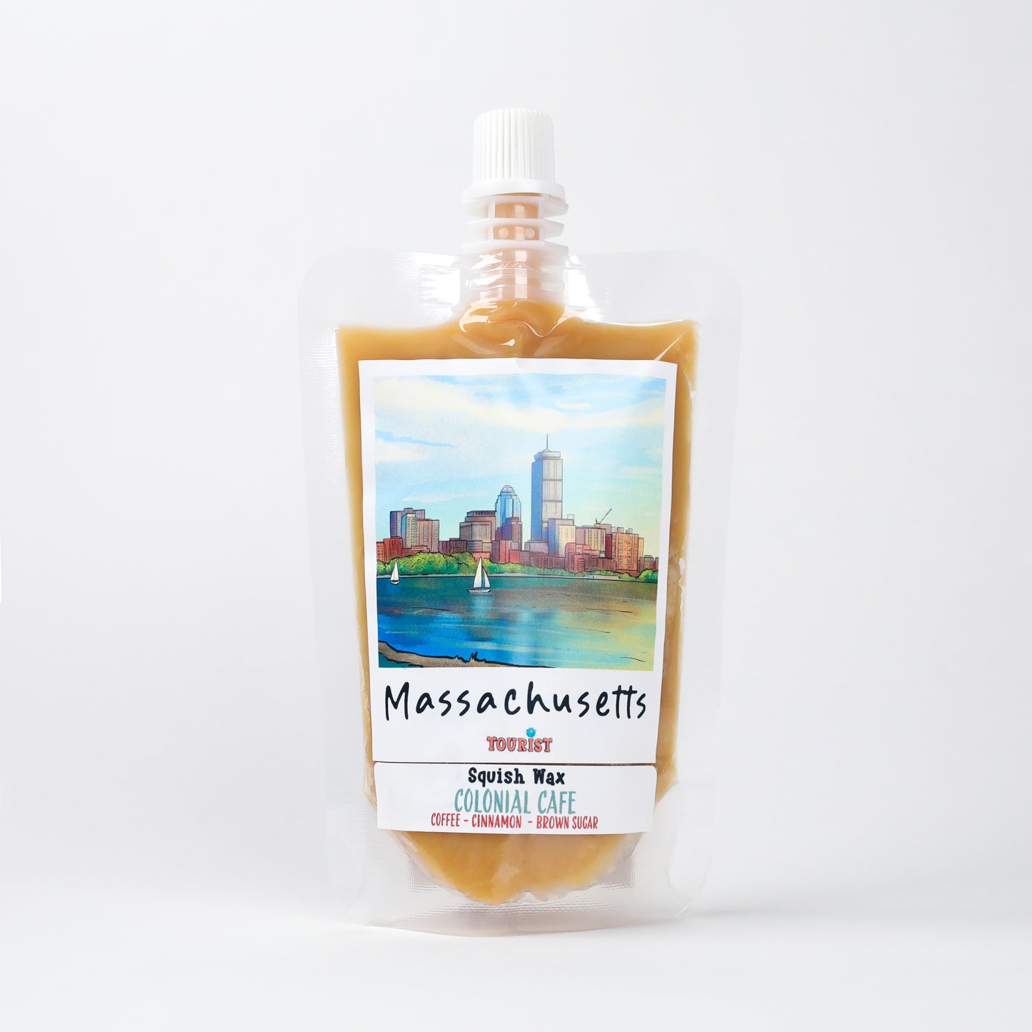 Massachusetts Squish Wax in pouch, featuring coffee, cinnamon, and brown sugar scents.