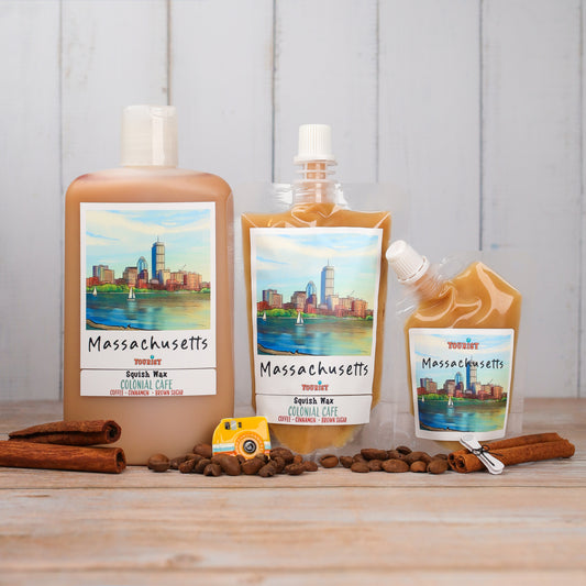 Massachusetts Squish Wax set in various sizes, coffee-cinnamon-brown sugar scent, decorative packaging.
