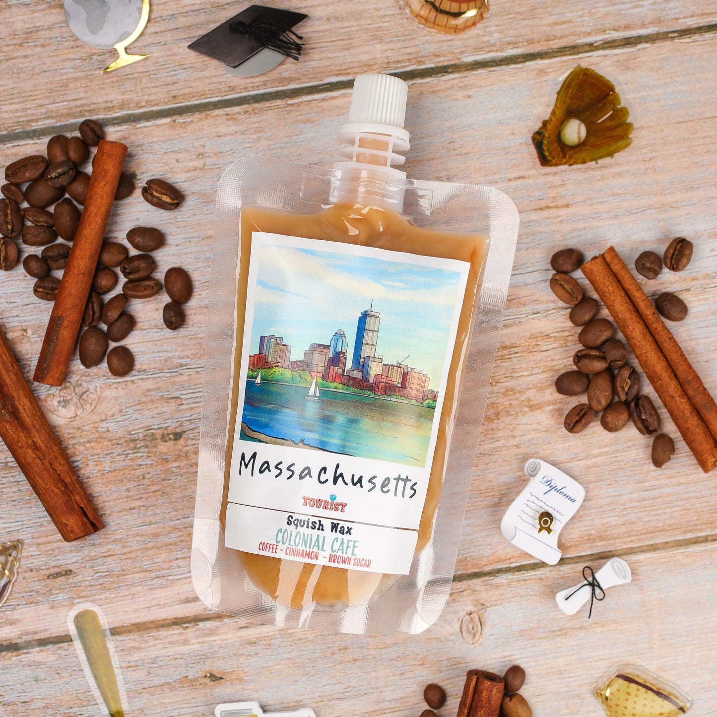 Massachusetts Squish Wax in a pouch, coffee-cinnamon-brown sugar scent, featuring a Boston skyline design.