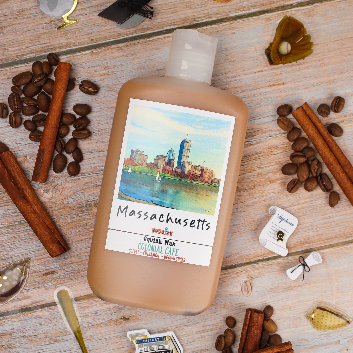 Massachusetts Squish Wax in tan bottle, featuring coffee, cinnamon, and brown sugar scents.