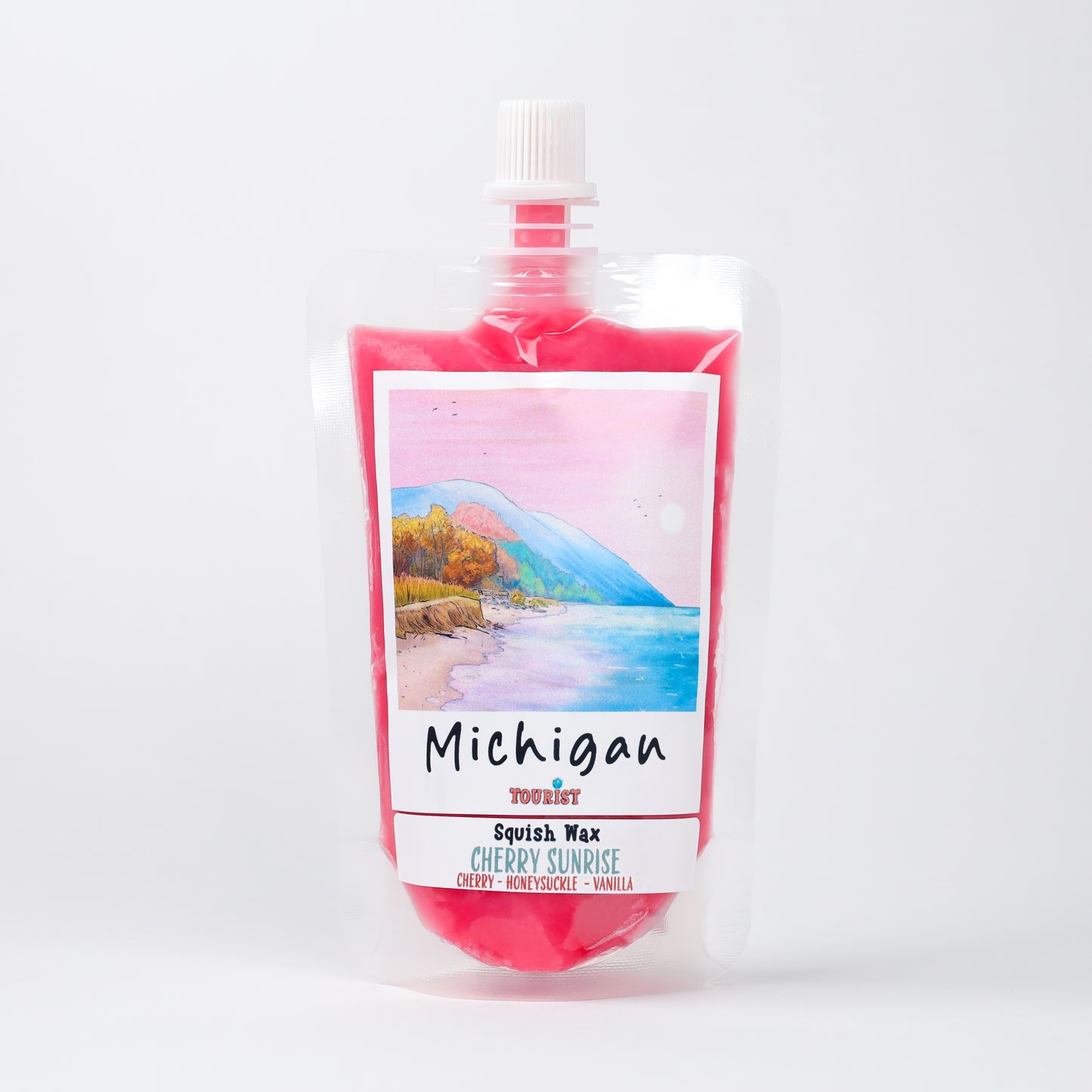Cherry Sunrise Squish Wax in a vibrant pink pouch featuring a Michigan landscape. Notes of cherry and vanilla.